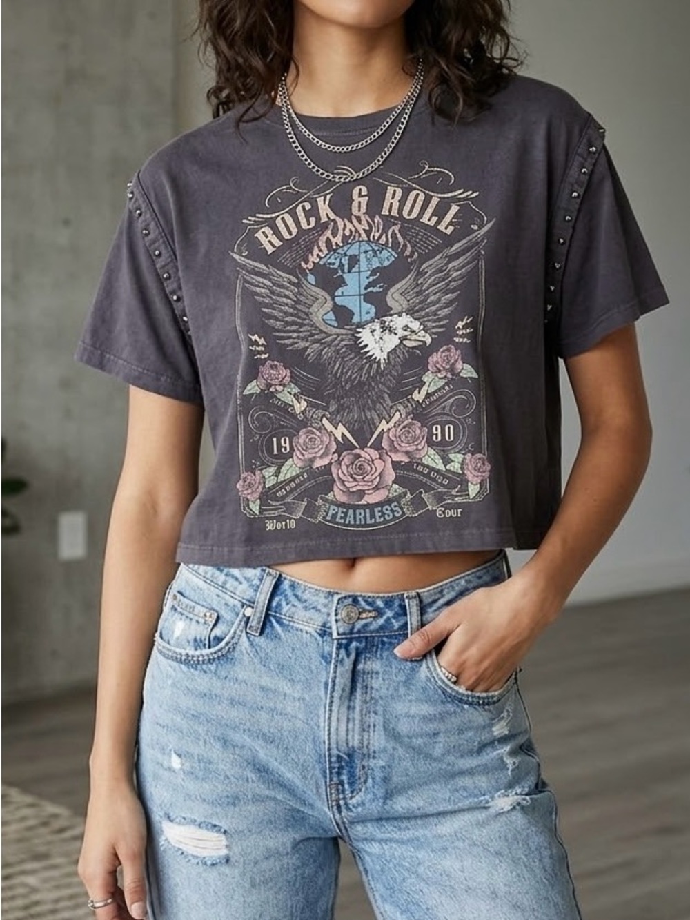 Electric Pink Charcoal Graphic Rock & Roll Cropped Tee size Large 100% cotton